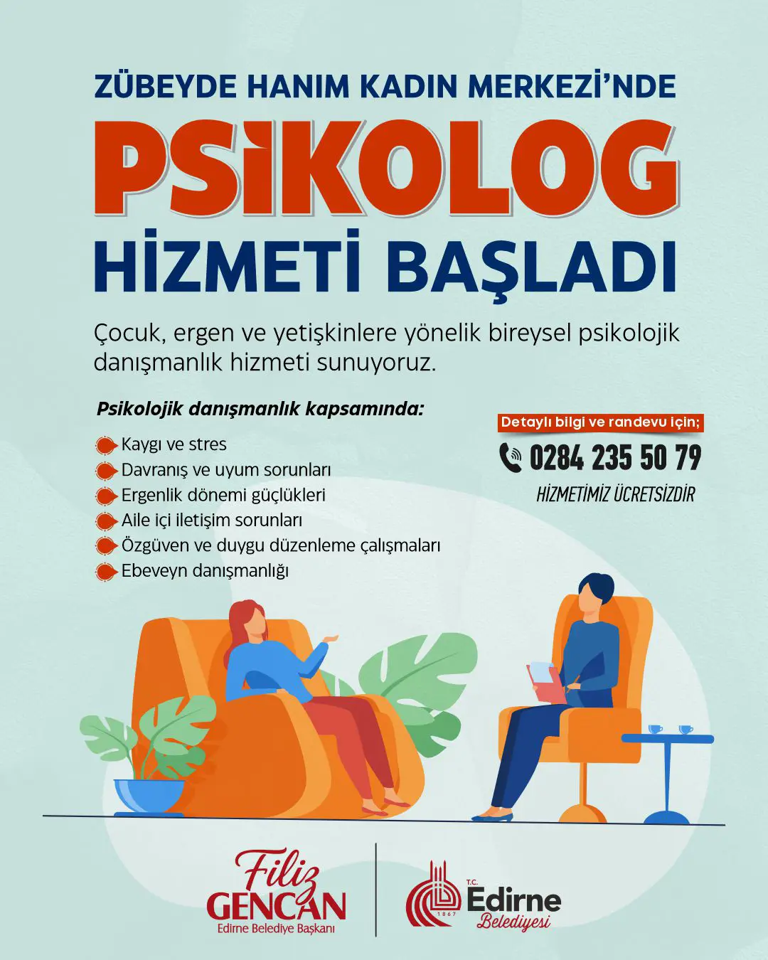 EDİRNE BELEDİYESİ’NDEN ÖNEMLİ ADIM: ZÜBEYDE HANIM KADIN MERKEZİ’NDE ÜCRETSİZ PSİKOLOG HİZMETİ BAŞLADI!